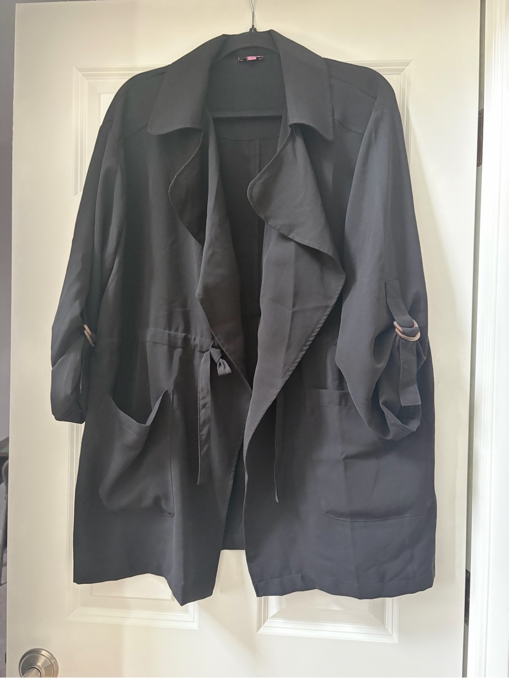 miami Black Draped Trench with Ring-Tab Sleeves